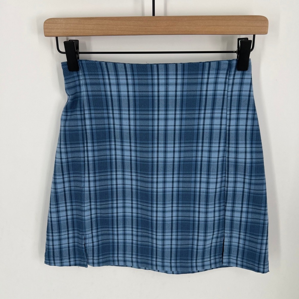John Galt Plaid Mini Skirt One Size Blue White Slit Y2K 90s Aesthetic MH022